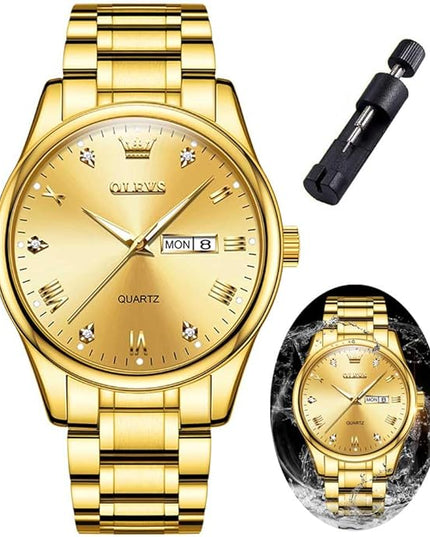 OLEVS Men's Luxury Watch Waterproof Luminous Easy Read Chronograph Watches Full Gold/White Dail/Black Face with Calendar Wristwatch