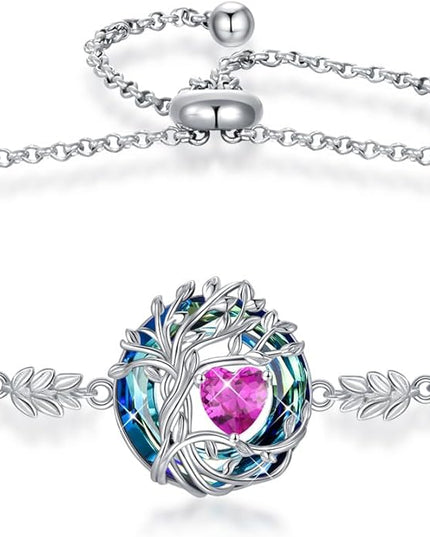 TOUPOP Tree of Life Birthstone Bracelet 925 Sterling Silver Family Tree Austrian Crystal Jewelry Anniversary Birthday Christmas Gifts for Women Wife Girlfriend Her