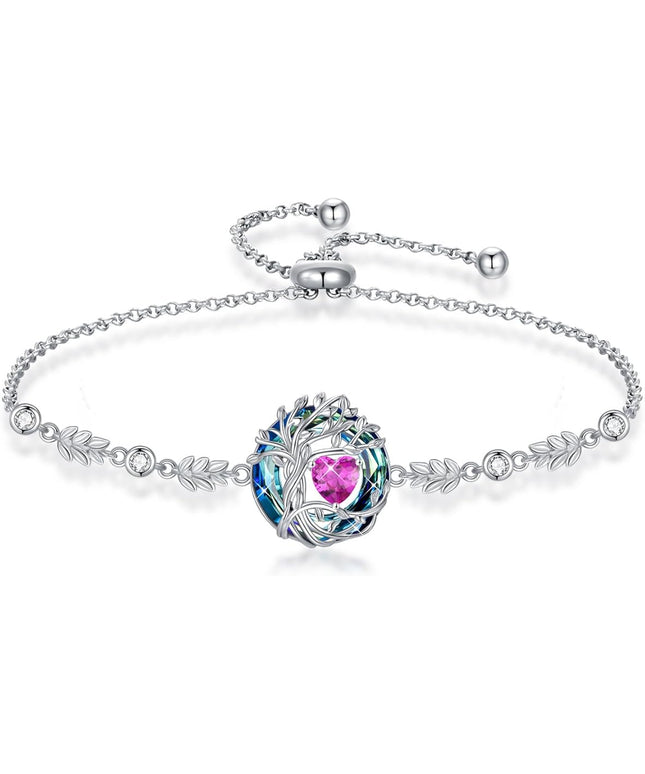 TOUPOP Tree of Life Birthstone Bracelet 925 Sterling Silver Family Tree Austrian Crystal Jewelry Anniversary Birthday Christmas Gifts for Women Wife Girlfriend Her