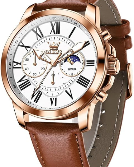 OLEVS Men's Watches Leather Strap Analog Quartz Watch, Fashion Big Dial Date Waterproof Watch, Dress Luxury Luminous Men Watches