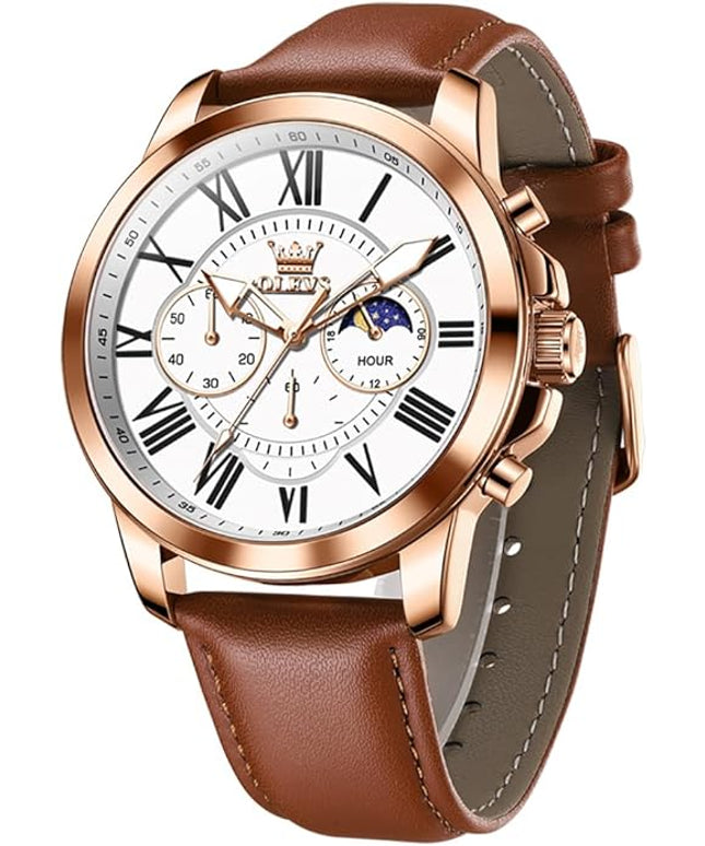 OLEVS Men's Watches Leather Strap Analog Quartz Watch, Fashion Big Dial Date Waterproof Watch, Dress Luxury Luminous Men Watches