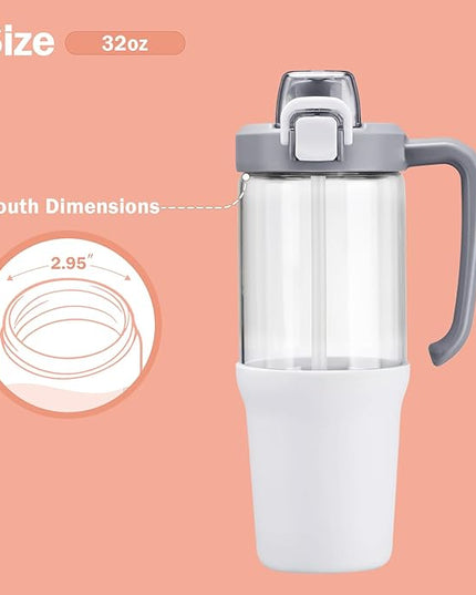 32oz Glass Water Bottle, 2-in-1 Straw and Sip Spout Lid, Leakproof Wide Mouth Tumbler with Handle, BPA-Free Reusable Bottle for Sports, Office, Outdoor, White