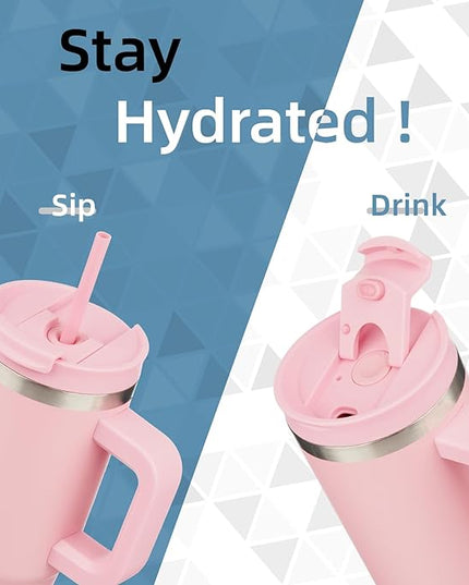 40 oz Tumbler with Handle and 2 Straws,2 in 1 Lid Insulated Water Bottle Stainless Steel Travel Coffee Mug,Pink