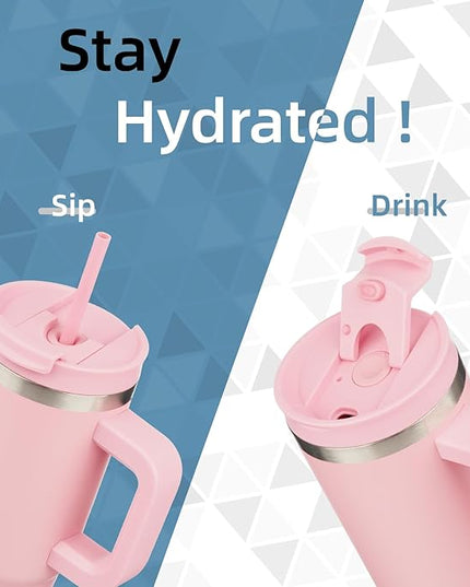 30 oz Tumbler with Handle and 2 Straws,2 in 1 Lid Insulated Water Bottle Stainless Steel Travel Coffee Mug,Pink