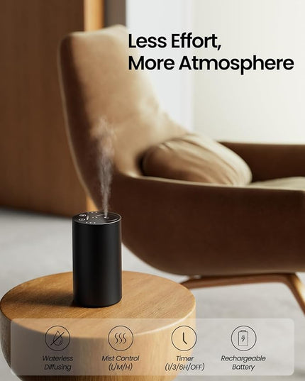 Waterless Essential Oil Diffuser, Rechargeable Scent Diffusers with 3 Mist Levels & Timers, Portable Aromatherapy Diffuser for Home Car Room Studio Office, Black Metal