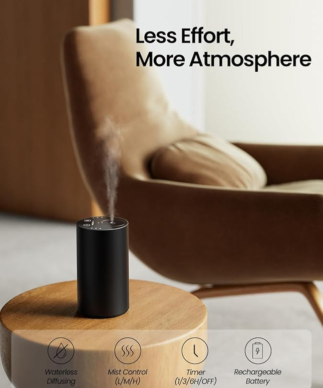 Waterless Essential Oil Diffuser, Rechargeable Scent Diffusers with 3 Mist Levels & Timers, Portable Aromatherapy Diffuser for Home Car Room Studio Office, Black Metal
