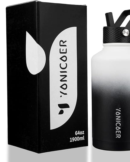 Insulated Water Bottle 64oz,Triple Wall Vacuum Stainless Steel(Dishwasher Safe),Leak Proof & Non-BPA,Flask Jug with Paracord Handle & Straw Spout Lids Sports Gradient black