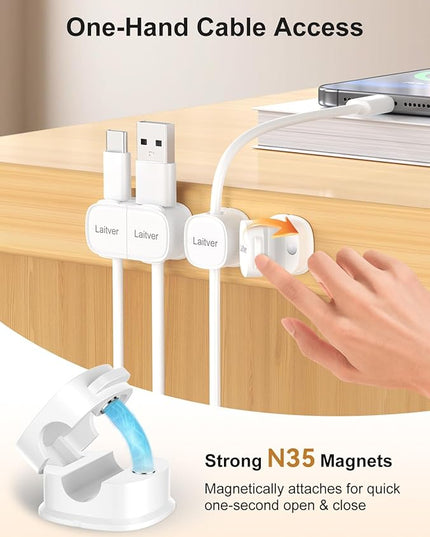 6 Pack Magnetic Cable Clips [1s Open/Lock], Laitver Cord Organizer Holder Strong Adhesive Desk Cable Management- Organize Charging Cords Neatly for Home, Office, Car,Desk, Nightstand