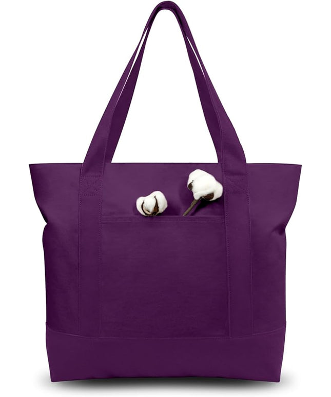 TOPDesign 1-Pack Canvas Tote Bags with an External Pocket, Reusable Grocery Shopping Bags, Top Zipper Closure, Daily Essentials (Purple)