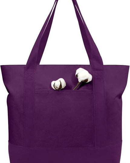 TOPDesign 3-Pack Canvas Tote Bags with an External Pocket, Reusable Grocery Shopping Bags, Top Zipper Closure, Daily Essentials (Purple)