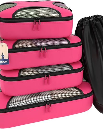 Shacke Premium 5 Packing Cubes Set - Lightweight Mesh Travel Luggage Organizers with Laundry Bag, 5-Piece Suitcase Storage System (Precious Pink)