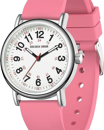 GOLDEN HOUR Waterproof Nurse Watch for Medical Professionals, Students Women Men - Military Time Luminouse Easy Read Dial, 24 Hour with Second Hand, Colorful Silicone Band