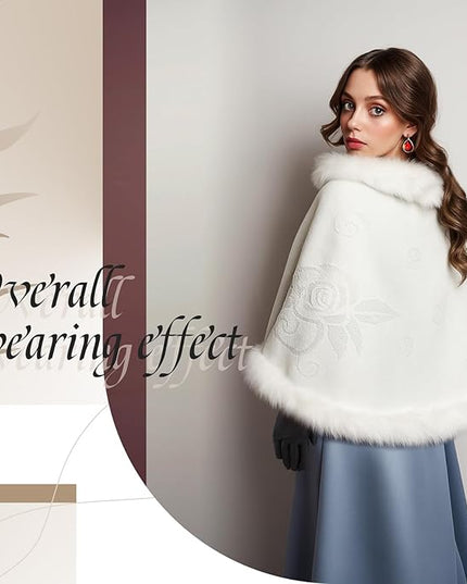 Zhanmai 2 Pcs Winter Long Shawl Cloak Stretchy Glove Opera Bridal Dance Gloves for Women Dress Party Coat