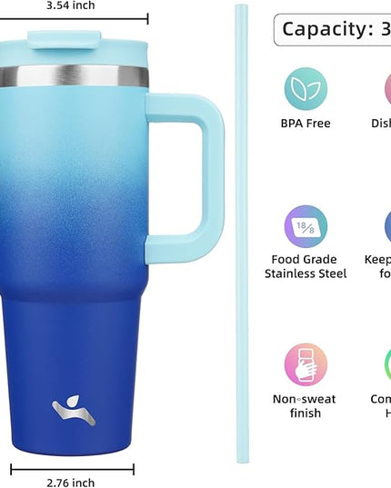 30 oz Tumbler with Handle and 2 Straws,2 in 1 Lid Insulated Water Bottle Stainless Steel Travel Coffee Mug,Sky