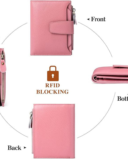 FALAN MULE Women's Genuine Leather Wallet, Compact Size, RFID Blocking, 14 Slots, 2 Zippered Pockets, 2 Bill Compartments, Includes Coin Pouch, Card Holders, AY-Lichee Pink