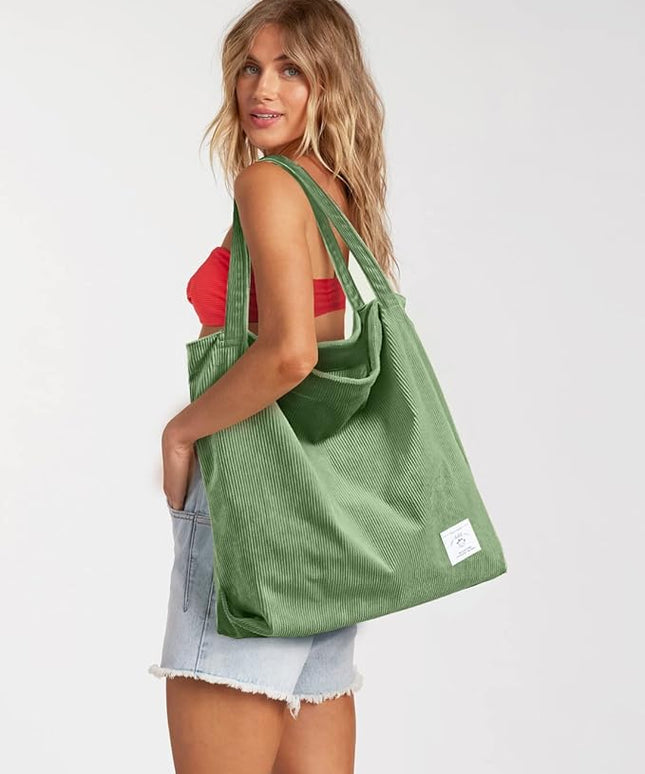 KALIDI Women Corduroy Tote Bag Zipper Casual Tote's Handbag Big Capacity Shoulder Bag with Pockets