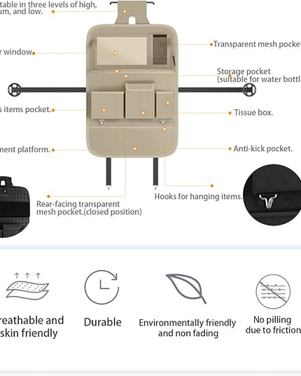GMQ Back Seat Car Organizer 1 Pack,Backseat Organizer with Tray,Multifunctional Car Seat Back Storage Box with Foldable Tablet Holder (Beige, Plain weave)