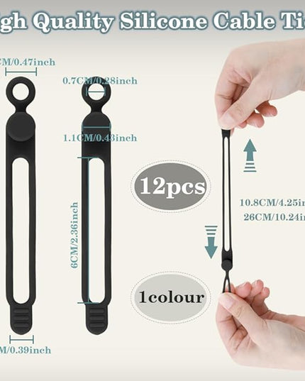 12Pcs Black Silicone Cable Ties - Reusable, Organize Electronic Cords & Wires in Office, Home, Kitchen, School & Travel