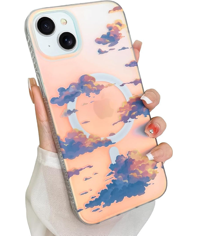Cute Case for iPhone 14 Plus & iPhone 15 Plus Case for Women Girls [ Compatible with Magsafe ] Aesthetic Girly Glitter Sparkly Bling Protective Phone Cover, Iridescent Sun Set Clouds of Sky