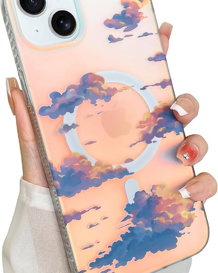 Cute Case for iPhone 15 Case for Women Girls [ Compatible with Magsafe ] Aesthetic Cloud Pattern Design, Girly Glitter Sparkly Bling Protective Phone Cover, Iridescent Sun Set Sky