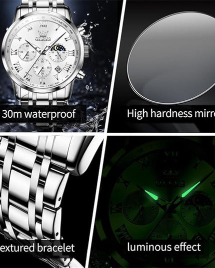 OLEVS Mens Watch Luxury Big Face Stainless Steel Analog Quartz Multifunctional Waterproof Luminous Date Two Tone Fashion Dress Wrist Watches for Man