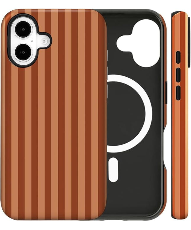 Magnetic for iPhone 16 Case Cute Stripes Phone Case, Shockproof Slim TPU and Hard PC Protective Phone Cover Compatible with MagSafe Designed for Women Girls, Deep Brown