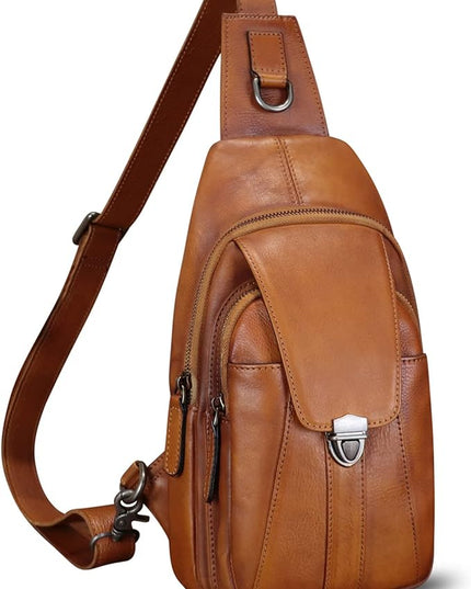 Genuine Leather Sling Bag for Women and Man Handmade Retro Hiking Crossbody Backpack Purse Chest Shoulder Daypack