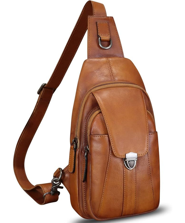 Genuine Leather Sling Bag for Women and Man Handmade Retro Hiking Crossbody Backpack Purse Chest Shoulder Daypack