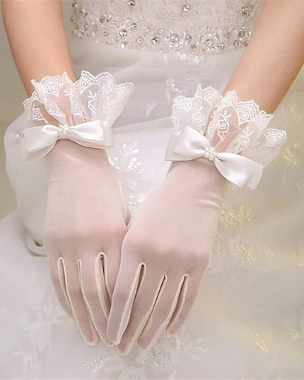 R STAR Floral Short Lace Gloves, Women Wrist Length Gloves for Wedding(B)