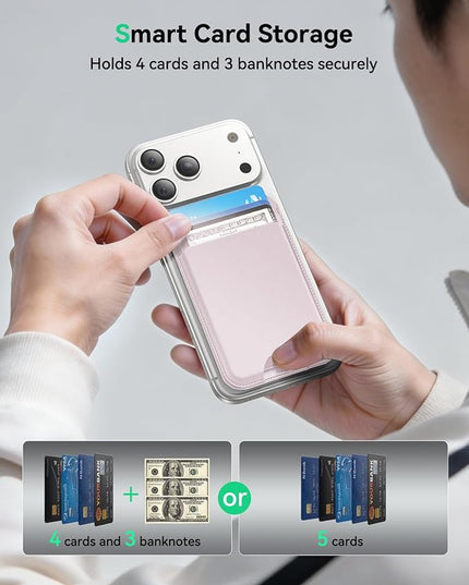 Fanseesy for MagSafe Wallet with Stand, 5 Card Holder, Slim Leather Magnetic Wallet for iPhone 17/16/15/14/13/12 Pro Max Plus Air Series, 3 Card Slots & 1 Cash Slot,Pink