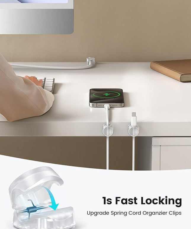 12Pack Cord Organizer [1s Lock] Spring Cable Holder Clips - Lamicall Desk Cord Management Clips, [Smooth Adjustable] Phone Charger Cable, Adhesive Wire Keeper for Nightstand Wall Car Office