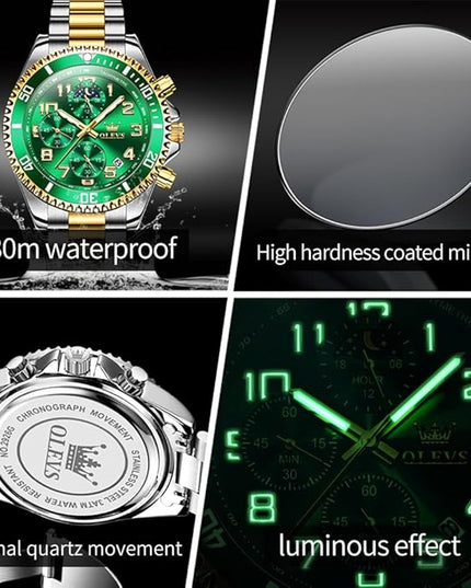 OLEVS Mens Watches Chronograph Watch Luxury Dress Stainless Steel Waterproof Watches for Men Moon Phase Luminous Business Calendar Wrist Watch Blue/Black/Green/Gold/Face