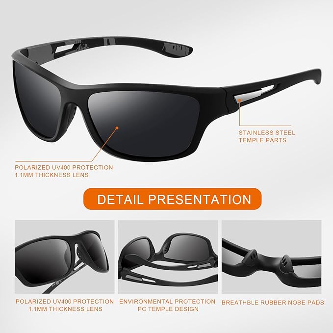 suoso Polarized Sports Sunglasses for Men: UV400 Protection Glasses Womens Wrap Around Goggles for Driving Fishing