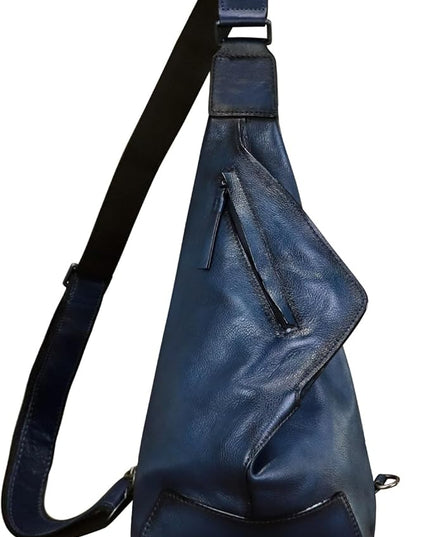 Genuine Leather Sling Bag for Men and Women Vintage Full Grain Leather Sling Purse Chest Daypack Over Shoulder Crossbody Bag (Navy)