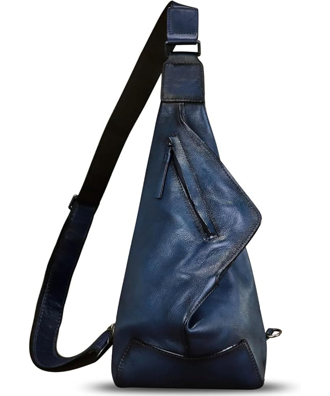 Genuine Leather Sling Bag for Men and Women Vintage Full Grain Leather Sling Purse Chest Daypack Over Shoulder Crossbody Bag (Navy)