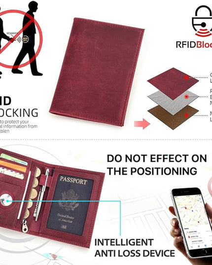 CONTACTS Full Grain Leather Passport Holder RFID Blocking Travel Passport Wallet Compatible with Airtag Passport Cover Case with 4 Cards Slots, Coin Pocket (Wine Red)