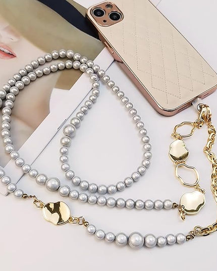Phone Pearl Lanyard Phone Crossbody Strap,Pearl Beaded+Metal Chain with Tether Tab, Hands-Free Shoulder Cellphone Strap Compatible with Most Phones for Women (H)