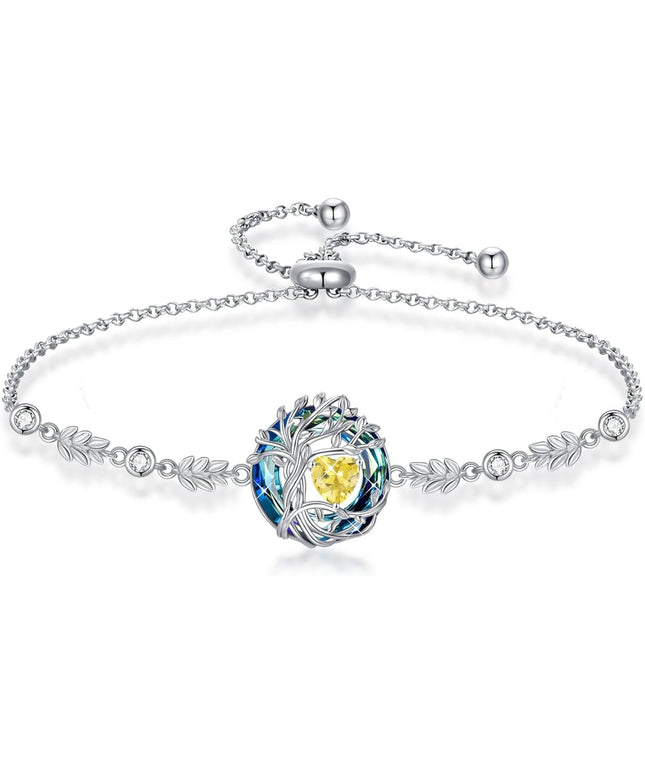 TOUPOP Tree of Life Birthstone Bracelet 925 Sterling Silver Family Tree Austrian Crystal Jewelry Anniversary Birthday Christmas Gifts for Women Wife Girlfriend Her