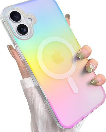 Cute Case for iPhone 17 Case for Women Girls [Compatible with Magsafe] Aesthetic Girly Glitter Bling Rainbow Magnetic Protective Phone Cover, Translucent Iridescent Blue & Pink