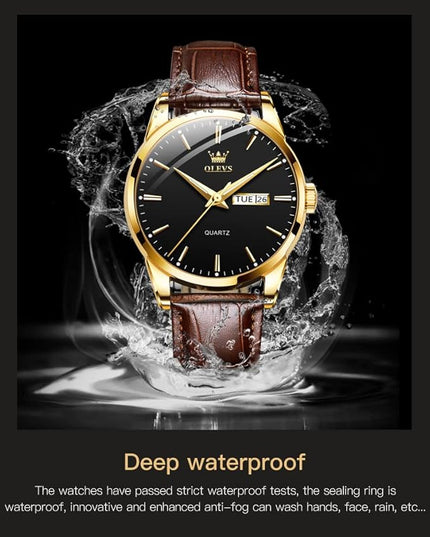 OLEVS Watches for Men Brown Leather Gold Case Analog Quartz Fashion Business Dress Watch Day Date Luminous Waterproof Casual Male Wrist Watches