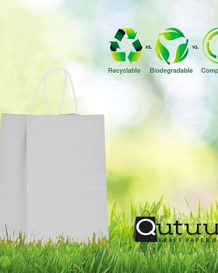 Qutuus 50 pcs White Paper Gift Bags with Handles 8x4.5x10 White Paper Bags for Party Favor, Shopping, Wedding, Retail, Recyclable Medium Gift Bags Bulk