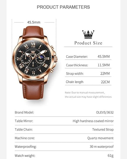 OLEVS Men's Watches Leather Strap Analog Quartz Watch, Fashion Big Dial Date Waterproof Watch, Dress Luxury Luminous Men Watches