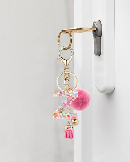 Resin Alphabet Initial Letter Keychain Keyring for Women Purse Handbags With Fur Ball Pom