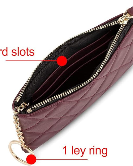 DORIS&JACKY Soft Lambskin Leather Coin Purse Small Quilted RFID Blocking Top Zipper Wallet With Key Chain