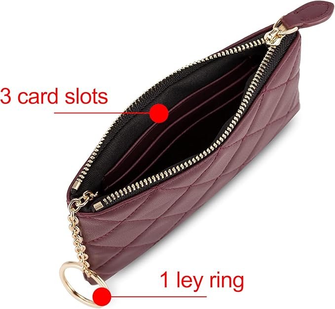 DORIS&JACKY Soft Lambskin Leather Coin Purse Small Quilted RFID Blocking Top Zipper Wallet With Key Chain