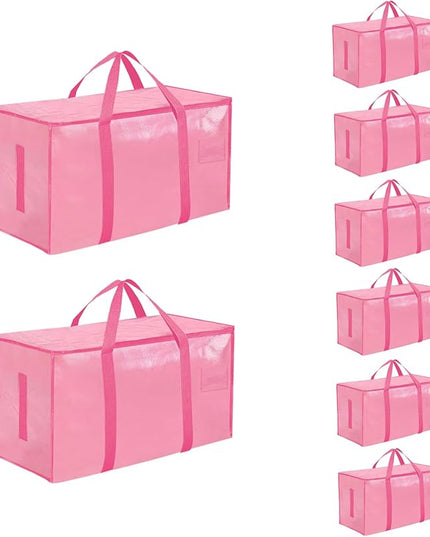 8 Pack-Extra Large Heavy Duty Moving Bags - Waterproof Storage Totes with Handles & Zippers, Foldable for College Dorm, Storage (Pink)
