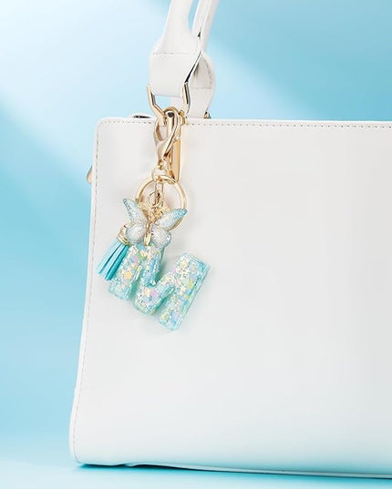 Fashion Alphabet Initial Letter Keychain Tassel Butterfly Pendant Key Ring for Purse Handbags Women Girl
