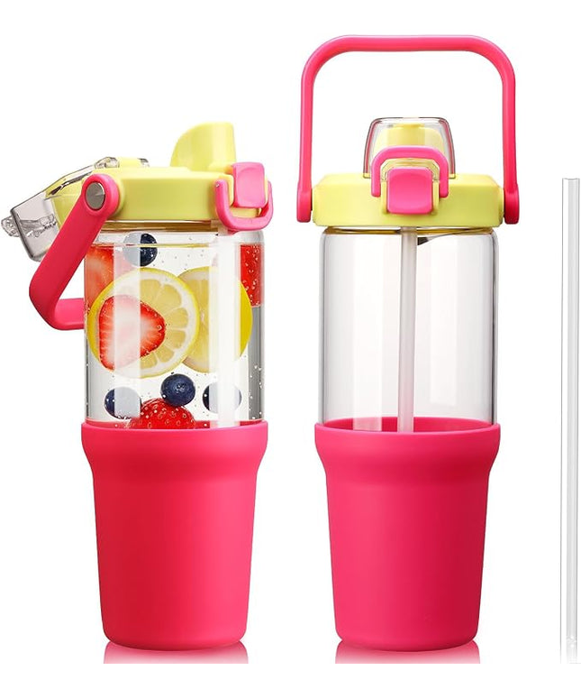 Glass Tumbler with Carry Handle, Clear Glass Water Bottle with Leakproof Lid, Spout Lid&Straw, BPA-Free, 32 oz, Bright Pink