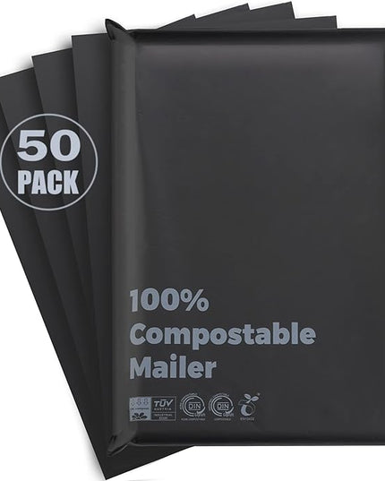 Compostable 10x15 inch Shipping Bags with Self Seal Waterproof Shipping Mailers with Eco Friendly Packaging Envelopes Supplies Mailing Bags BPI Certified Black, 50 Counts