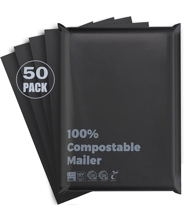 Compostable 10x15 inch Shipping Bags with Self Seal Waterproof Shipping Mailers with Eco Friendly Packaging Envelopes Supplies Mailing Bags BPI Certified Black, 50 Counts